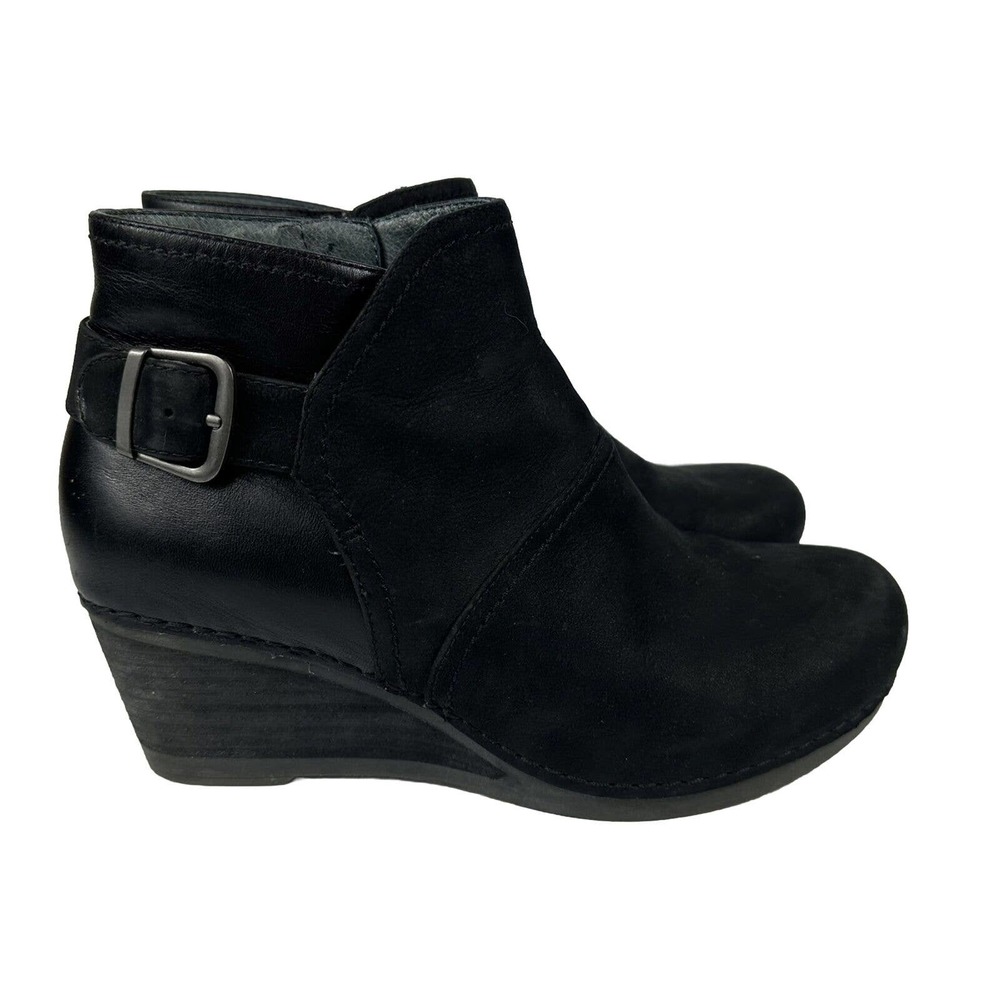 Dansko Shirley Black Leather Suede Zip Wedge Bootie Size US 7.5-8 EU 38 Comfort
